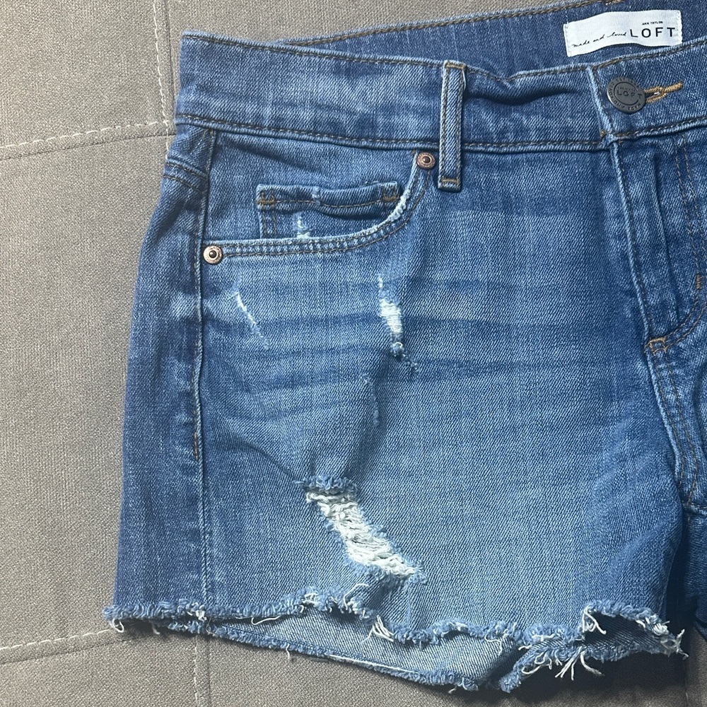 LOFT Classic Blue Distressed Jean Shorts - Picture 3 of 12